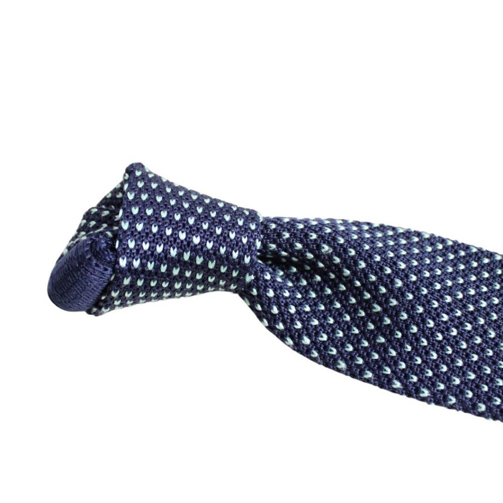 Square Tip Knit Navy Tie with Pale Green Pattern 100% Silk, Made in Italy